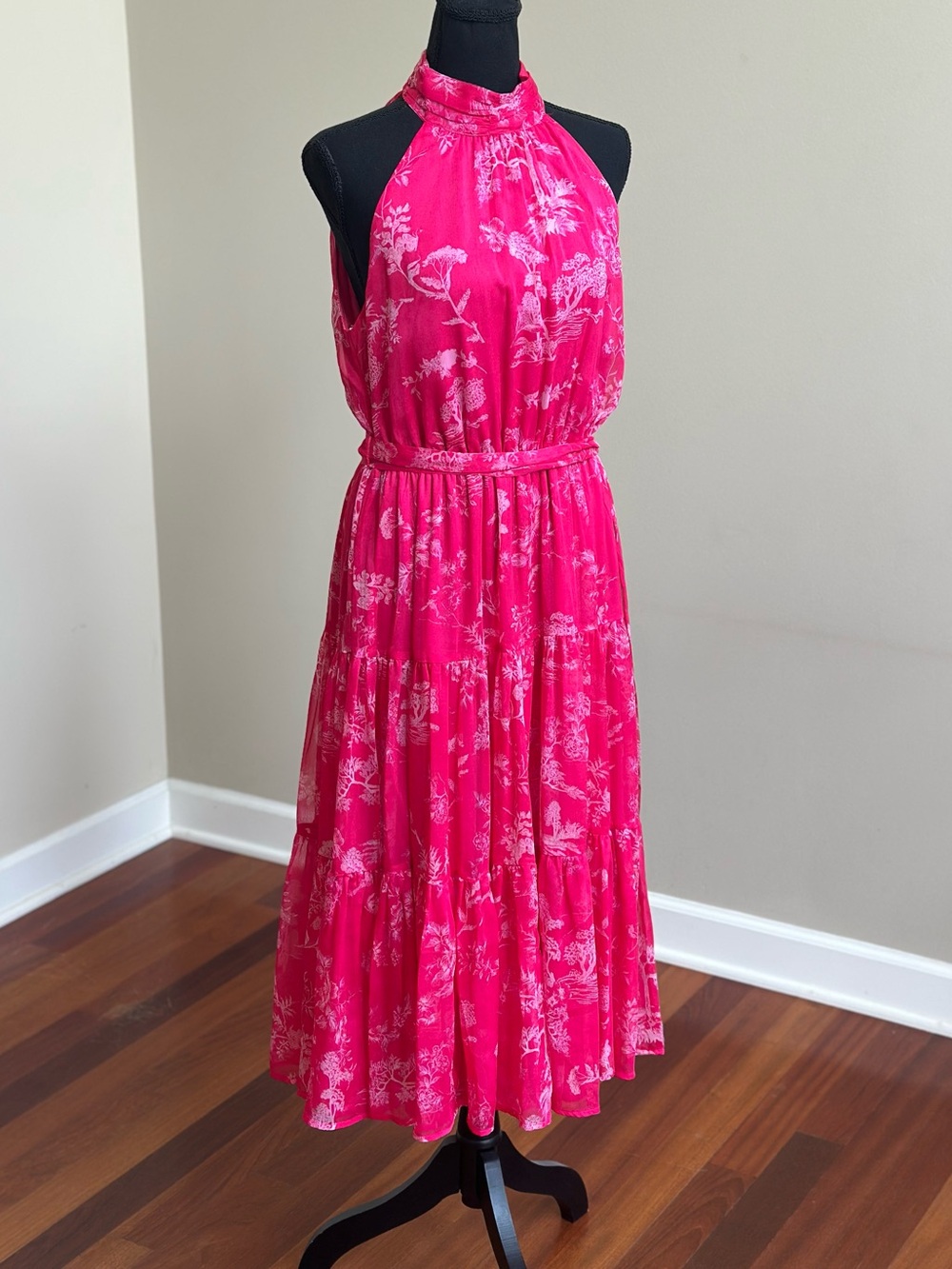 NWOT - Lulu's Hot Pink Floral Print Halter-Neck Tiered Midi Dress - Picture 10 of 11
